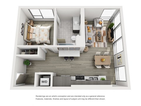 a 3d rendering of our 1 bedroom apartment at the crossings at white marsh apartments in white